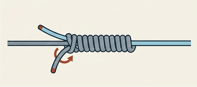 The braid tag making a half hitch around braid and leader