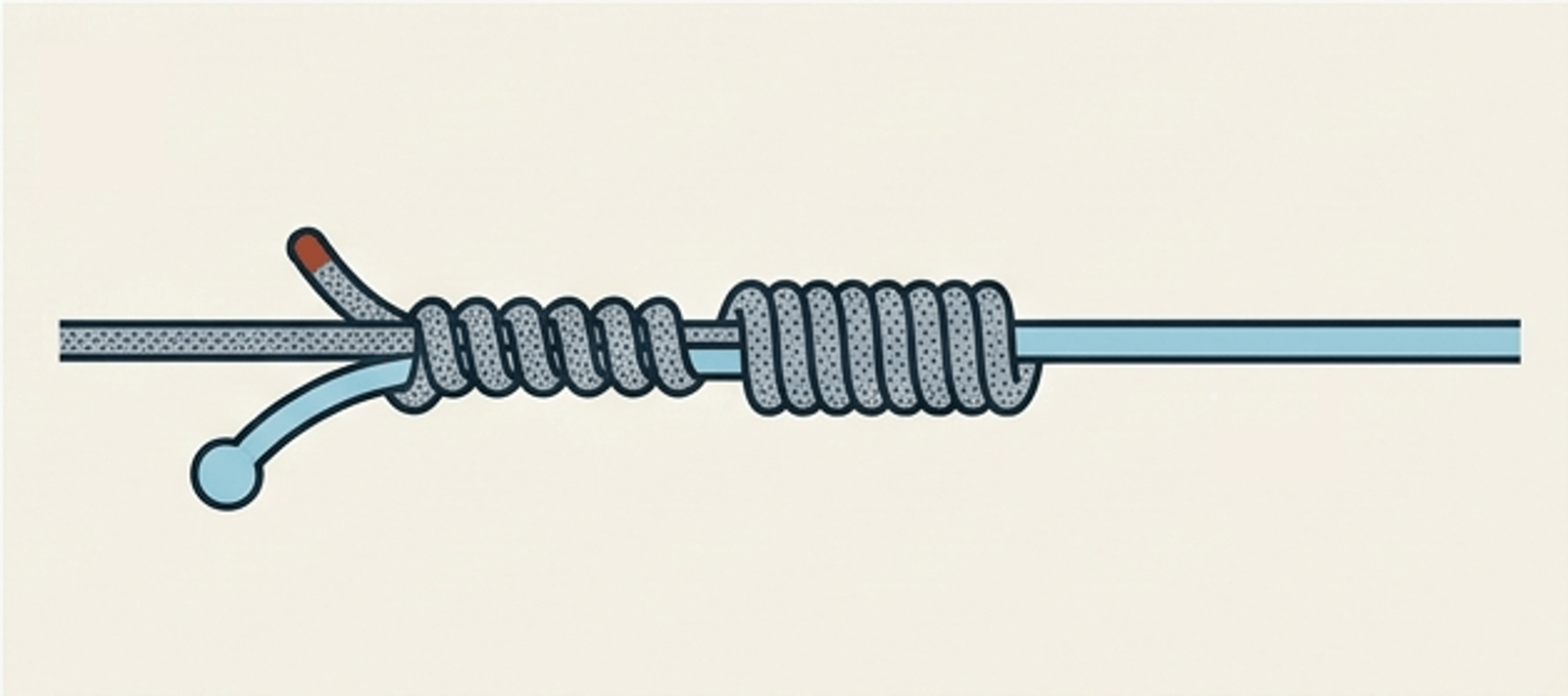 Drawing of a finished FG knot: the light-blue leader running right, the gray braid running left, a long sleeve of braid wraps gripping the leader, a tighter set of half hitches next to it, and the two trimmed tag ends