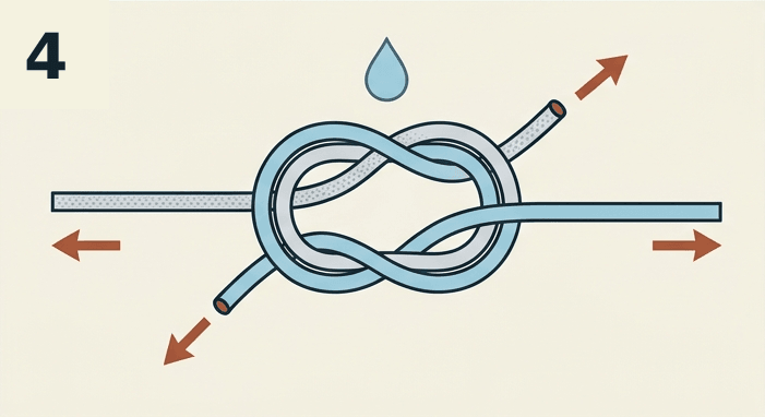 Step 4 of the surgeon’s knot: the knot wetted and drawn down by pulling all four ends at once
