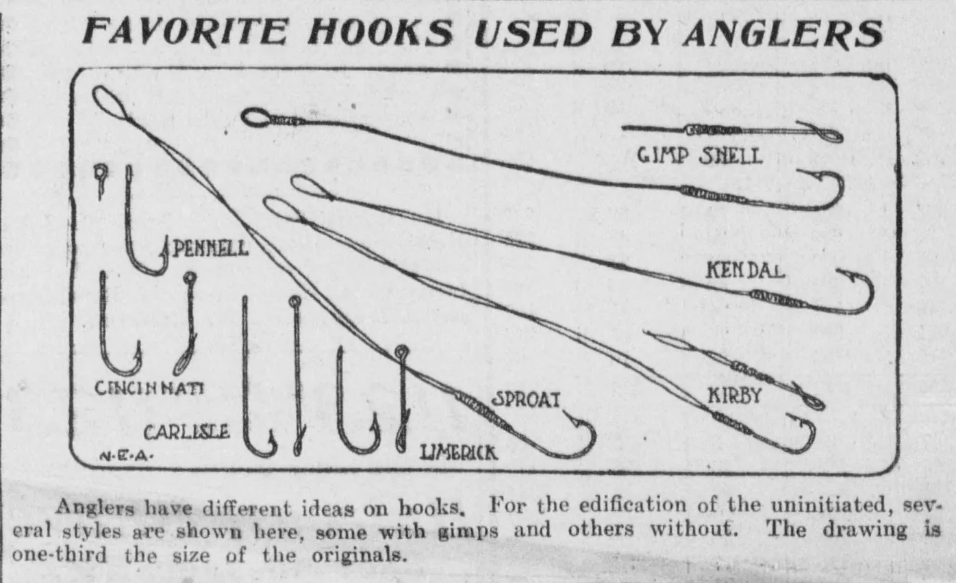 A 1904 newspaper drawing of eight hook patterns, labeled Pennell, Cincinnati, Carlisle, Limerick, Sproat, Kirby, Kendal and gimp snell, some tied to gut snells